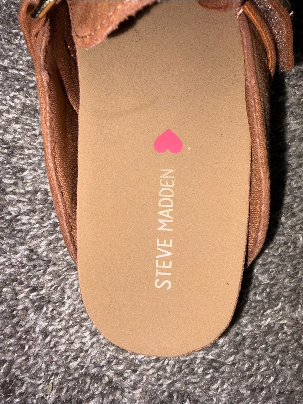 Steve Madden Brown Suede Kids Clogs with Colorful Rhinestone Hearts & Rainbows